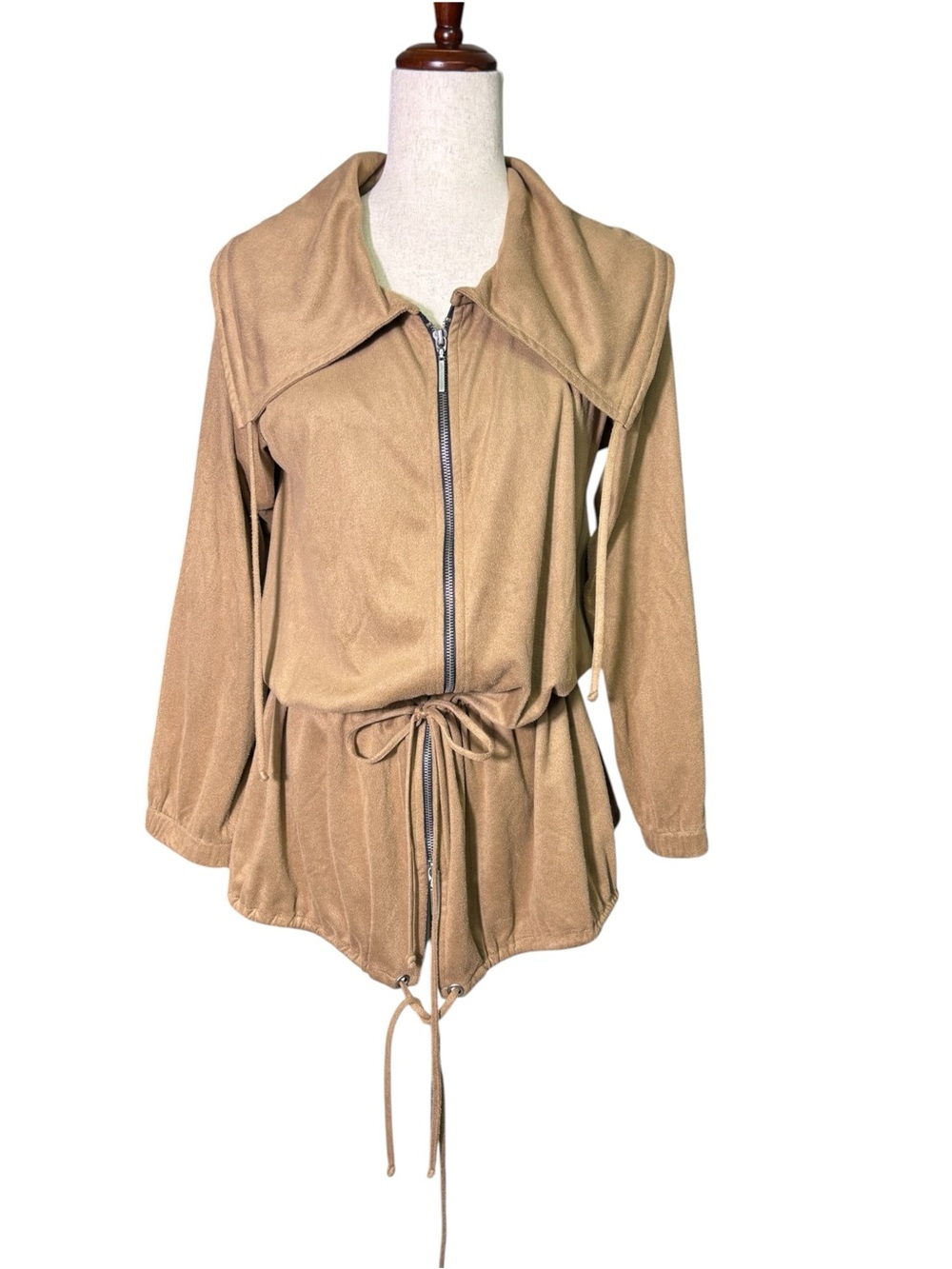 Eva Varro Faux Suede Jacket Convertible Collar Drawstring Y2K Small